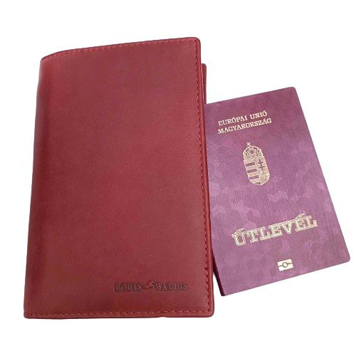 Valódi bőr útlevél tartó Louis Wallis irattartó pénztárca bordó nagyméretű 17,5 x 12 cm