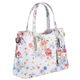 Valódi bőr női kézitáska fehér színes virágmintás