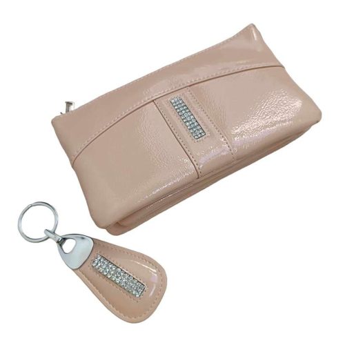 Valódi bőr női pénztárca + kulcstartó szett kristályokkal díszített púder