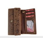 Valódi bőr női pénztárca barna színű nagyméretű brifkó nyomott virágmintás