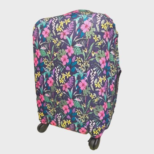 Bőröndhuzat S-es méretű bőröndre elasztikus anyagból virágmintás kék pink
